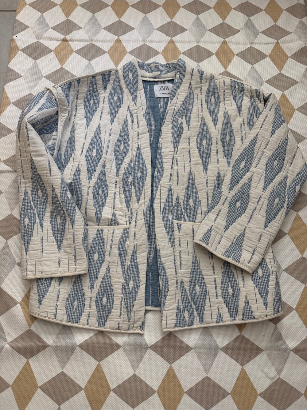 Zara Quilted Open-Front Utility Jacket in Cream and Light Blue